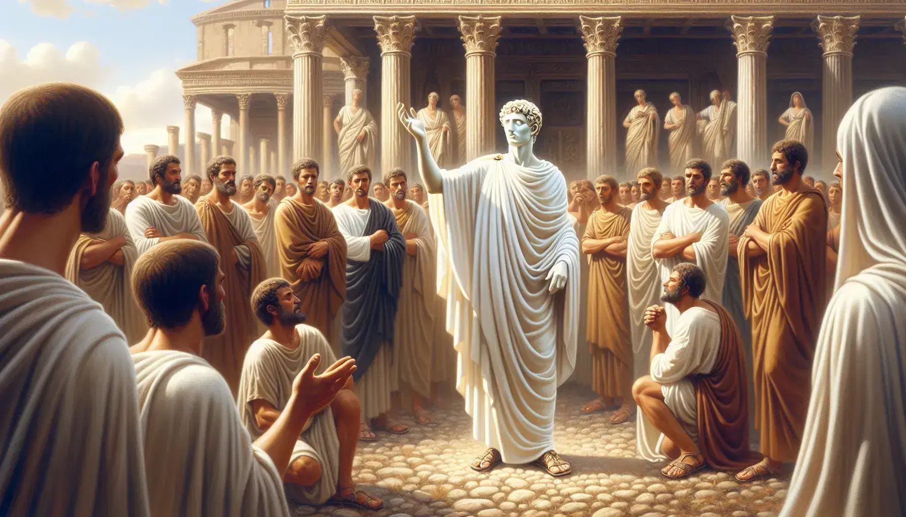 Tribuno in toga bianca esorta folla di plebei in abiti terrosi tra colonne e archi dell'antica Roma sotto cielo azzurro.
