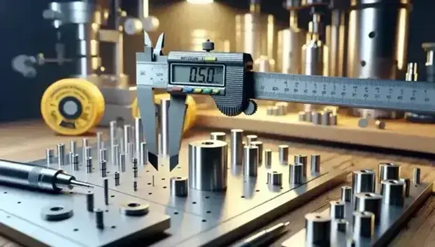 Laboratorio di metrologia con calibro digitale in acciaio inox che misura un cilindro metallico, tavolo con blocchi di riferimento e metro a nastro giallo.