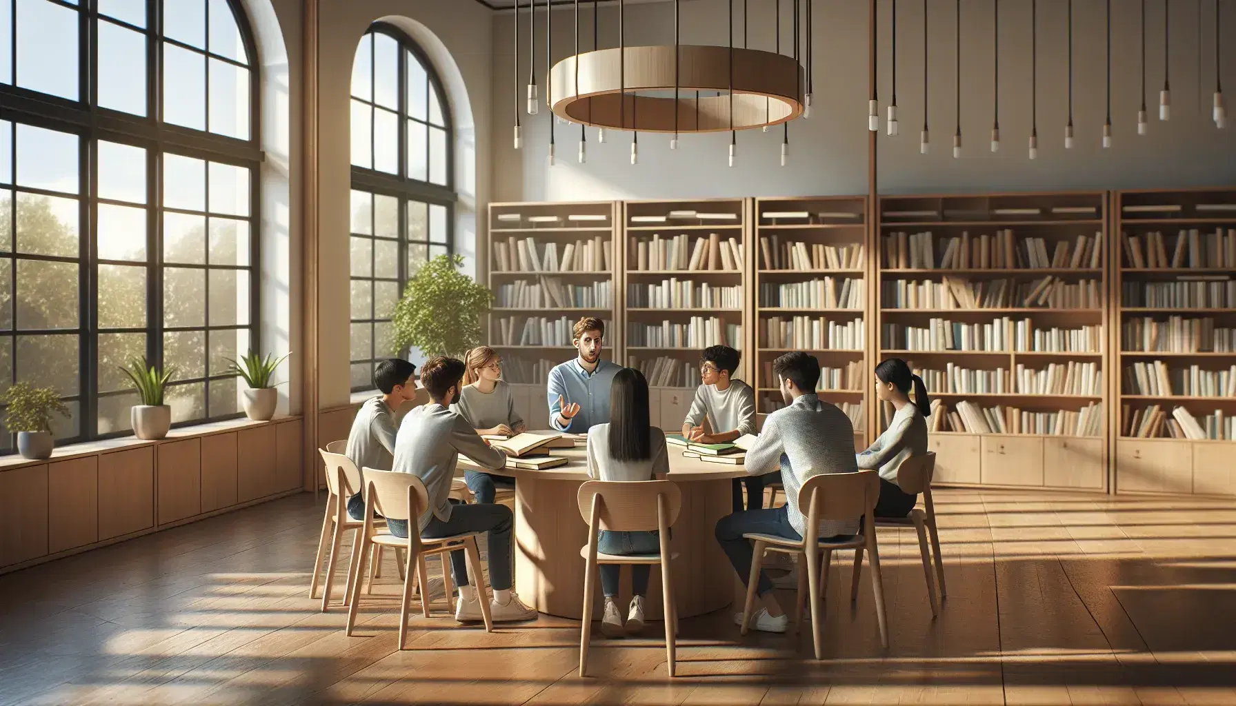 Aula luminosa con estudiantes diversos alrededor de una mesa redonda de madera, discutiendo activamente con cuadernos abiertos, en un ambiente de aprendizaje colaborativo.