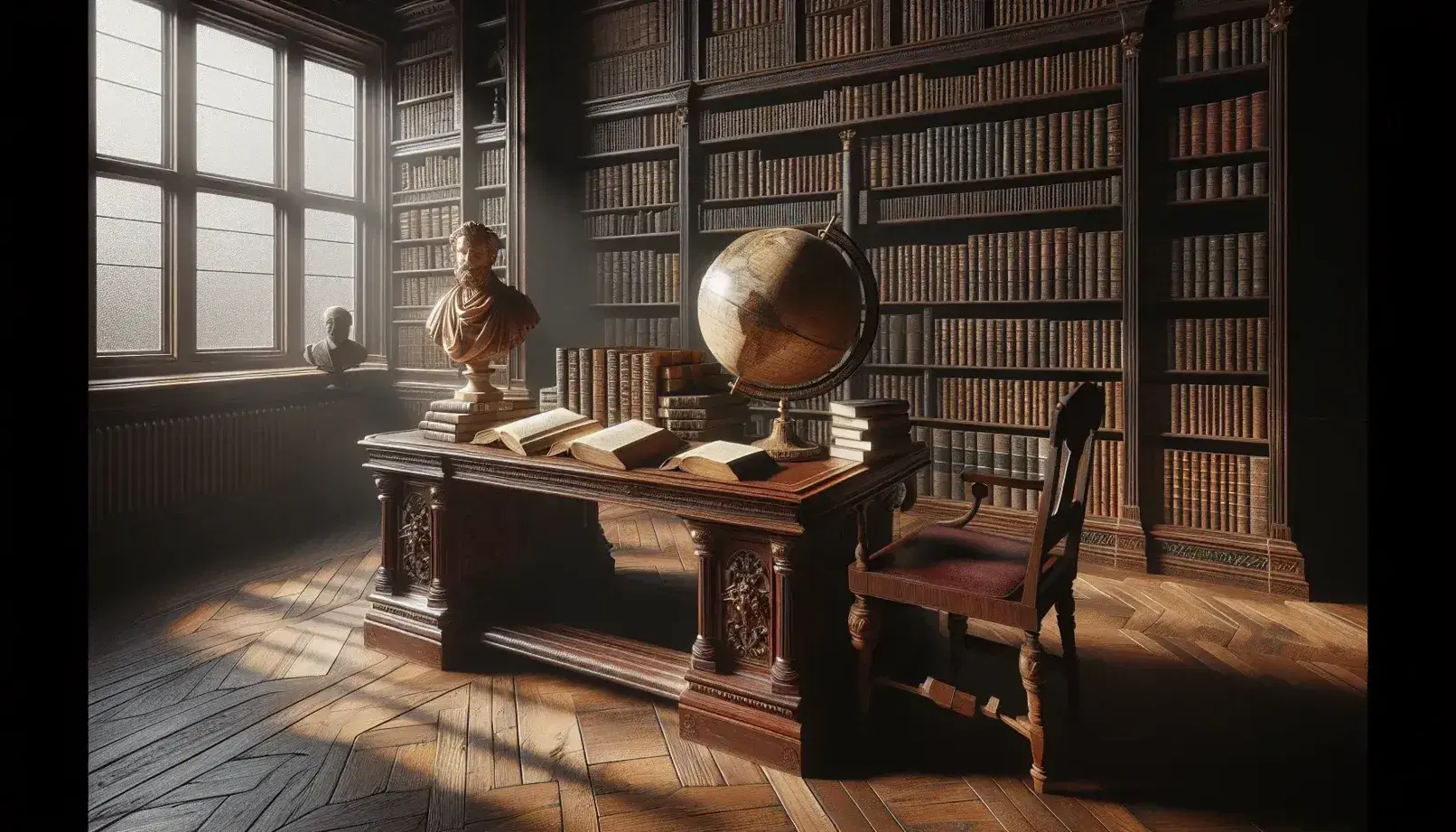 Biblioteca antigua con estanterías de madera oscura llenas de libros, mesa central con libros abiertos y globo antiguo, silla de terciopelo rojo y bustos de mármol bajo luz natural.