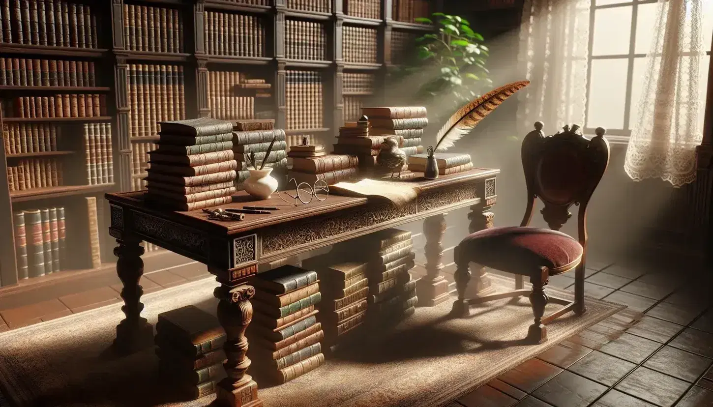 Biblioteca antigua con mesa de madera oscura y libros apilados, gafas, pluma y tintero, silla con cojín rojo y planta verde.