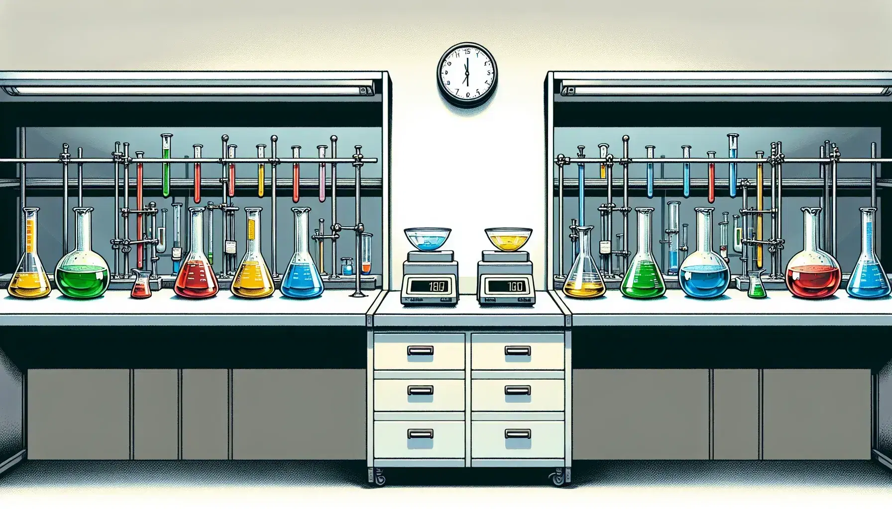 Laboratory with two identical workstations, each with beakers of red, blue, green, and yellow liquids, digital scales, petri dishes, and synchronized clocks.