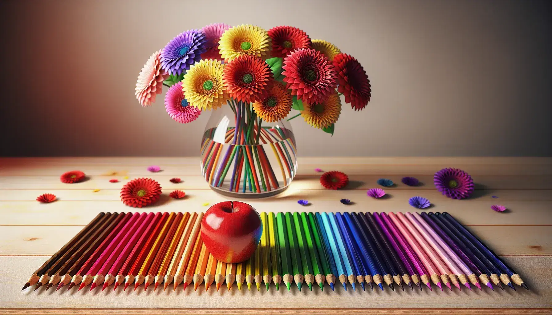Matite colorate in ordine arcobaleno su tavolo di legno con mela rossa lucida e vaso di fiori multicolori sfocati sullo sfondo.
