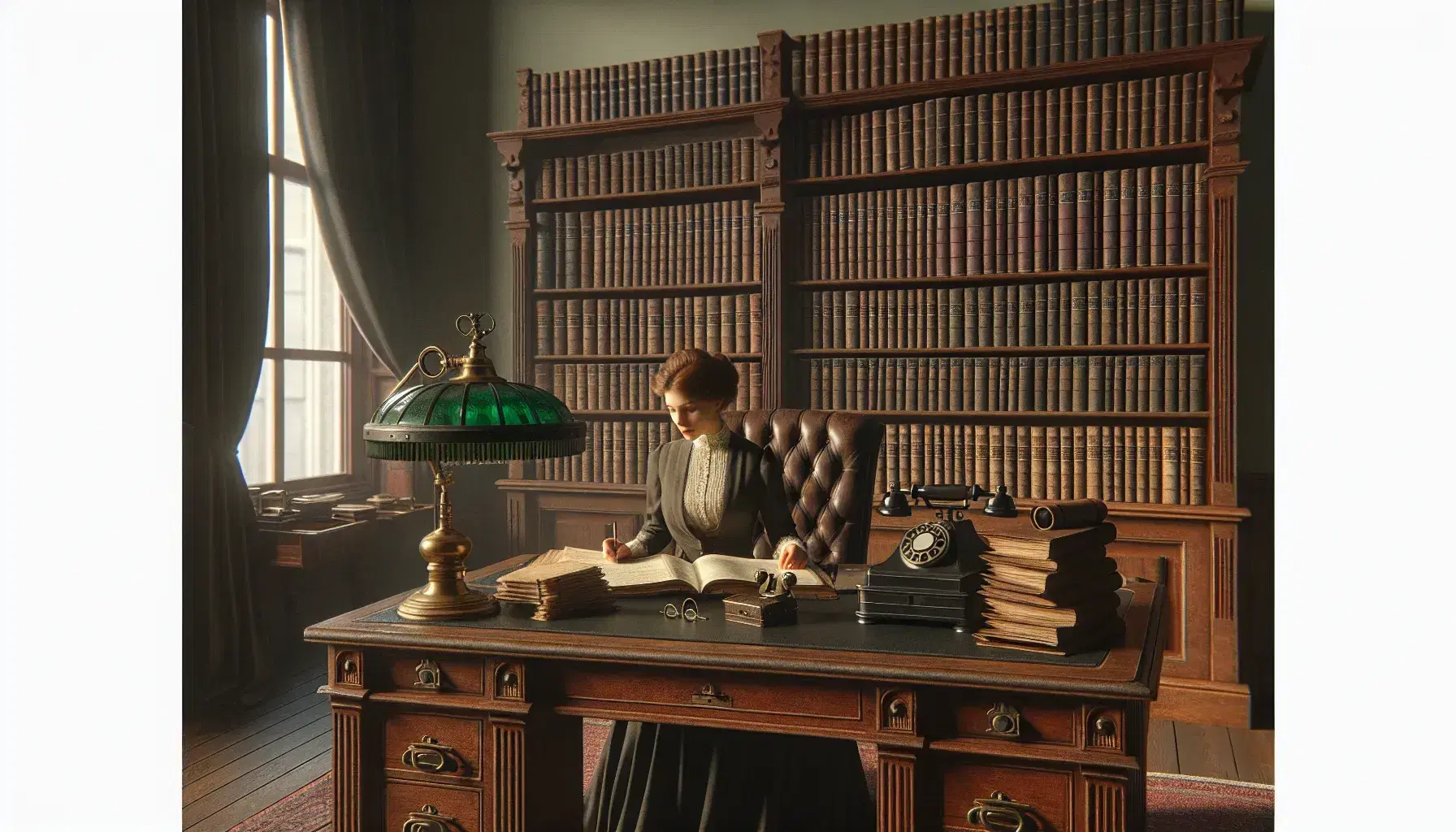Early 20th-century office with a woman in period attire at a wooden desk, featuring a rotary phone, ledgers, brass lamp, and a bookcase with vintage books.