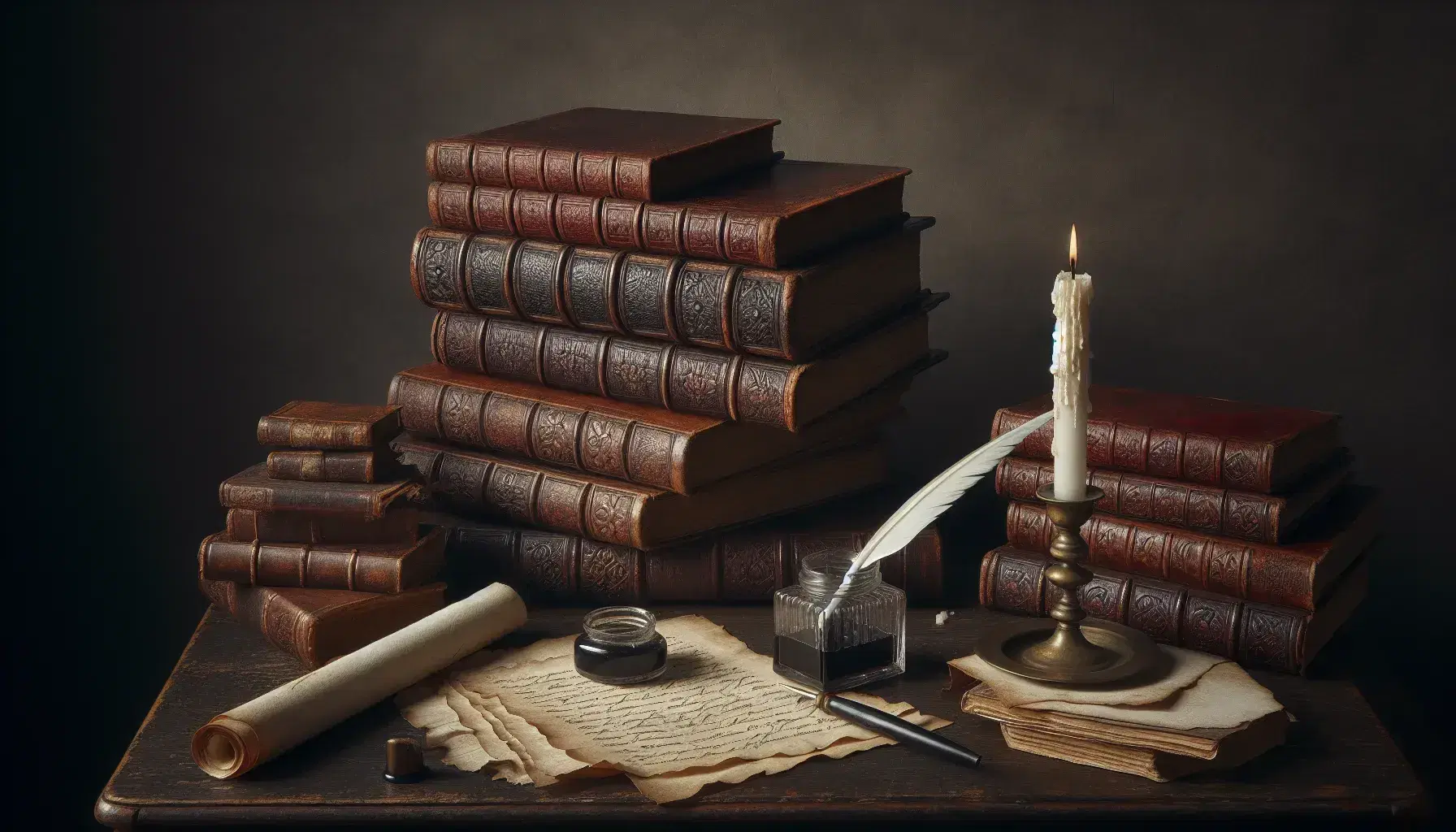 Scrivania antica in legno scuro con libri rilegati in pelle, calamaio con penna d'oca, candela e rotolo di pergamena.