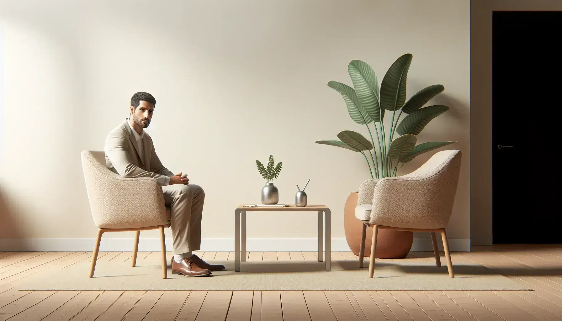 Consultorio de psicología con sillas beige frente a frente, hombre sentado en actitud atenta, mesa con bloc de notas y pluma, planta interior y pared clara.