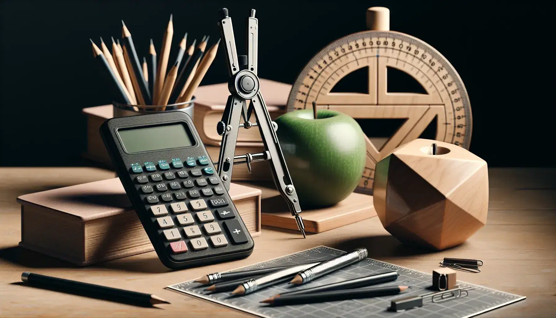 Classroom desk with mathematical tools including a calculator, compass, protractor, wooden geometric shapes, and a green apple, with a blurred chalkboard background.