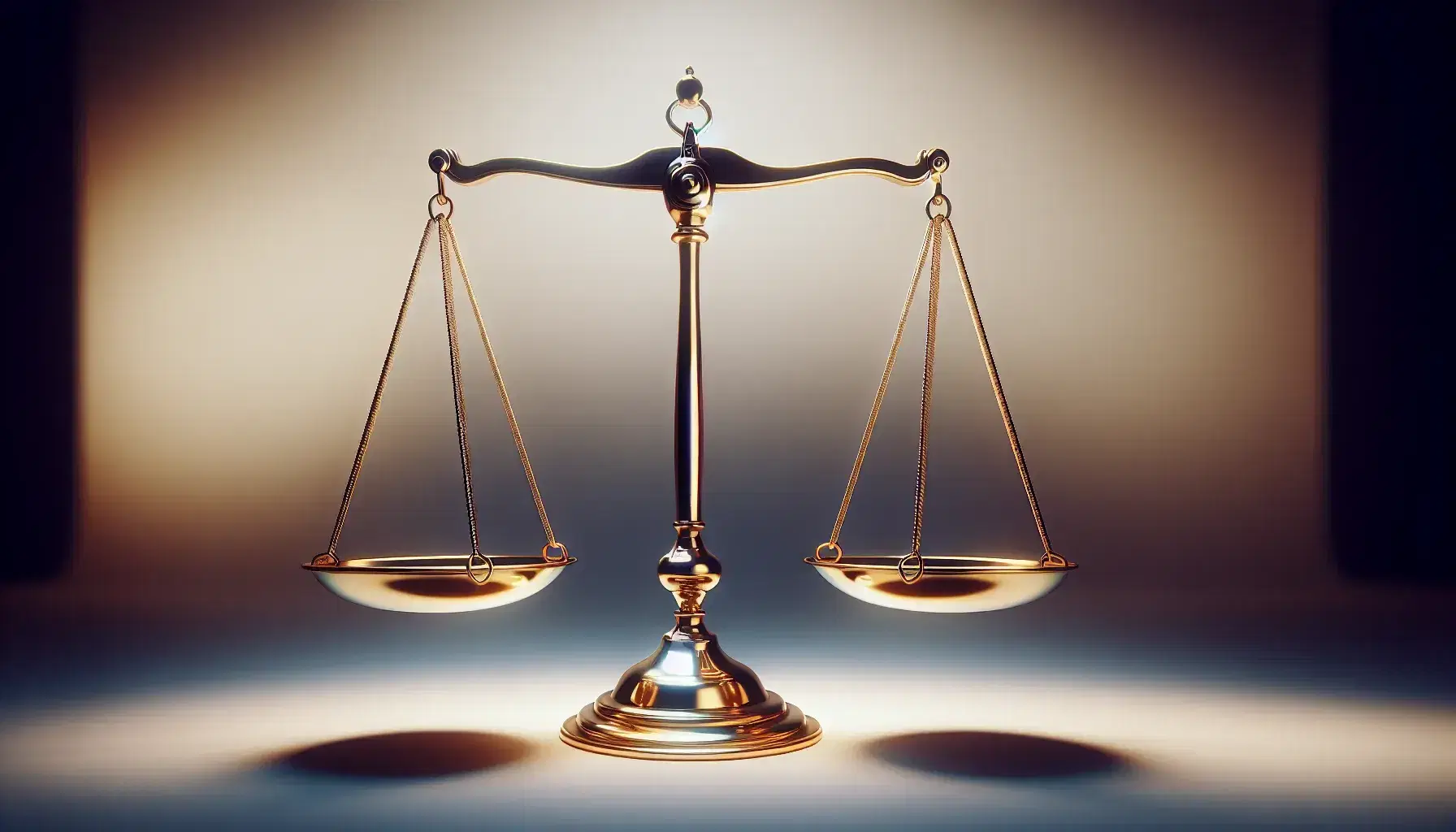 Balanced golden scales symbol of justice, empty plates in perfect balance on light gray to white gradient background.