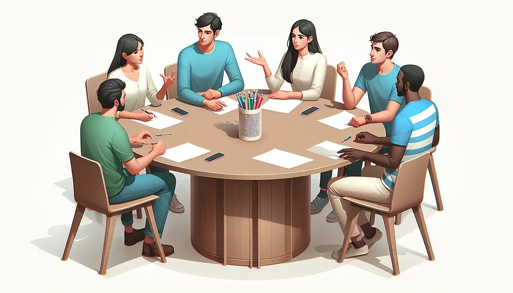 Grupo de cinco personas en animada discusión alrededor de una mesa redonda con papeles y bolígrafos, reflejando diversidad de género y etnia en un ambiente iluminado naturalmente.