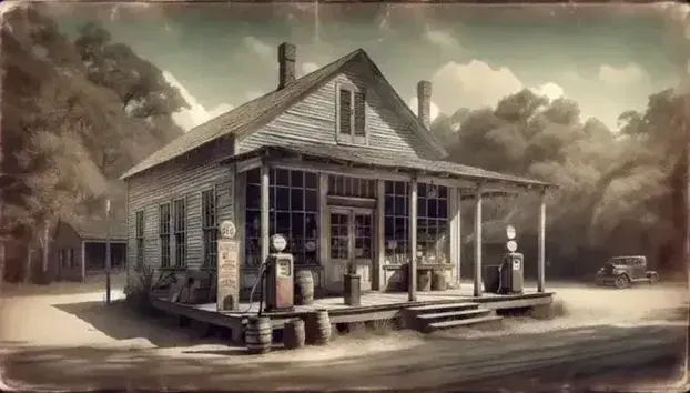 Rustic early 20th century Southern general store with vintage gas pump, wooden barrels and antique metal signs.