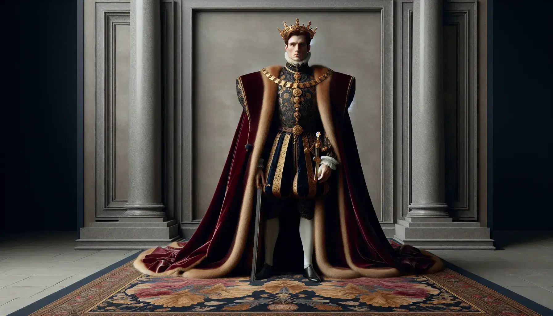 Retrato de figura real renacentista con capa roja, doblete azul y corona, entre columnas de mármol y sobre alfombra ornamentada.