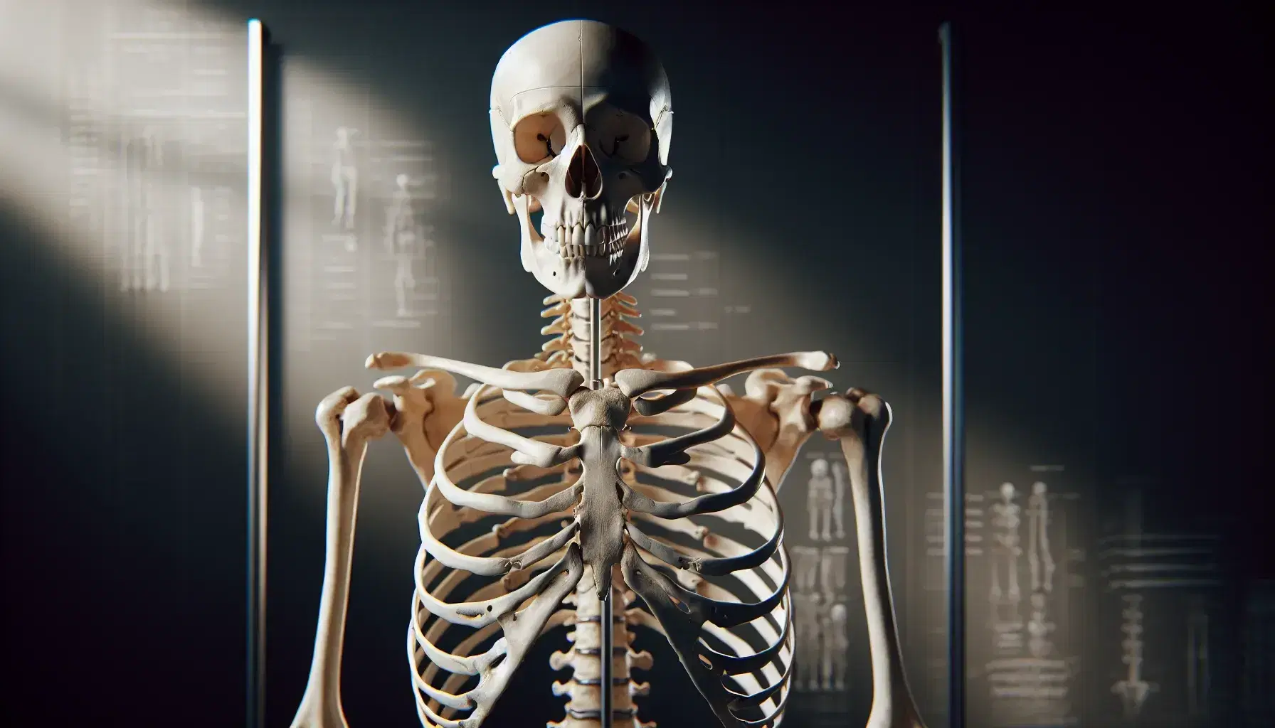 Esqueleto humano completo de pie en vista frontal, mostrando detalle de huesos, cráneo con mandíbula y dientes, columna vertebral y caja torácica sobre fondo neutro.