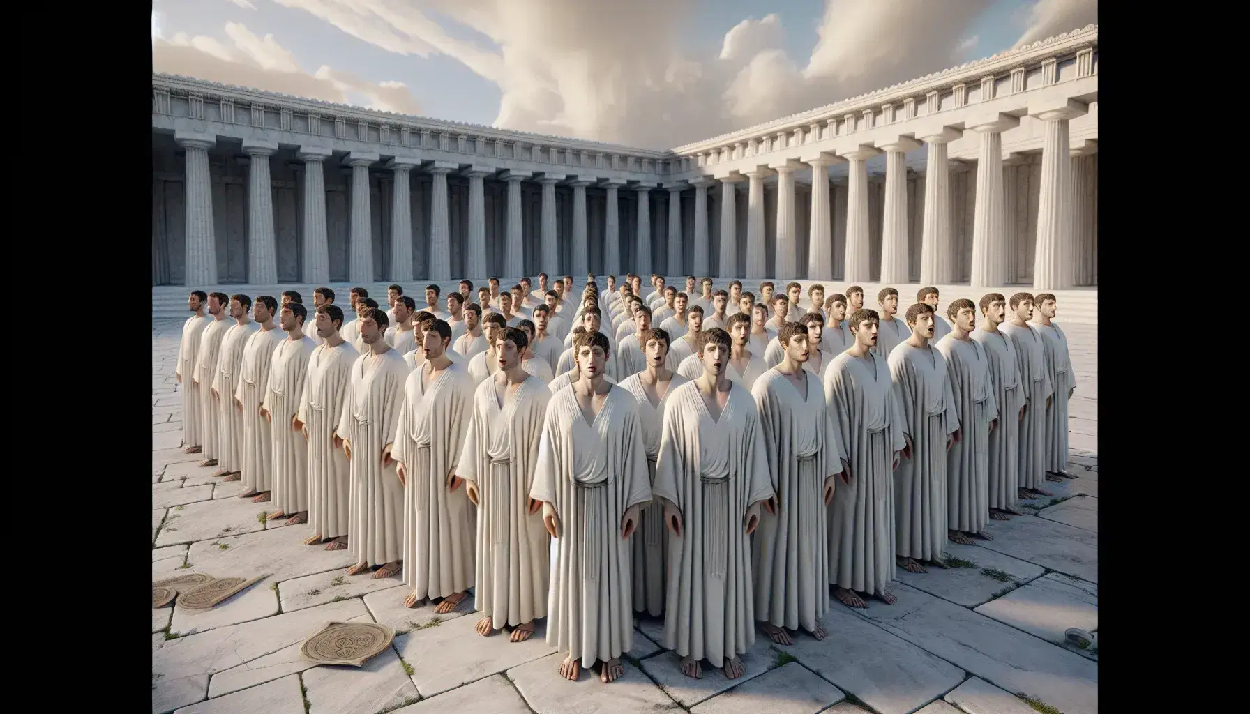 Coro di uomini in abiti tradizionali greci con corone di alloro canta davanti a colonne doriche, strumenti musicali antichi in primo piano.