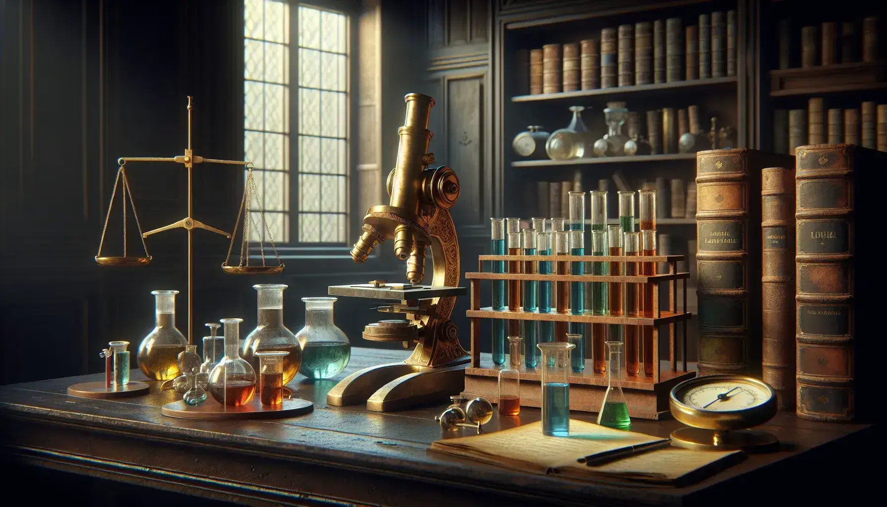 Laboratorio científico antiguo con microscopio de bronce, tubos de ensayo con líquidos coloridos y balanza con pesas, en un ambiente sereno iluminado naturalmente.