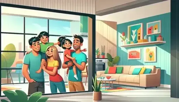 Famiglia multietnica felice in salotto moderno con divano beige, pianta verde, cucina visibile e libreria in legno.