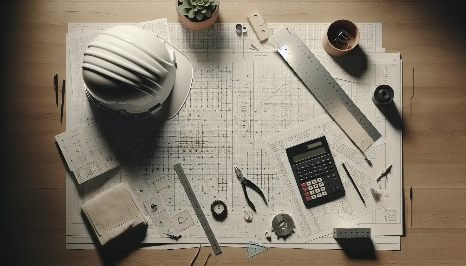 Vista superior de una mesa de trabajo con casco de seguridad blanco, calculadora científica, regla metálica, compás de precisión y hojas con gráficos, junto a una planta en maceta de terracota.