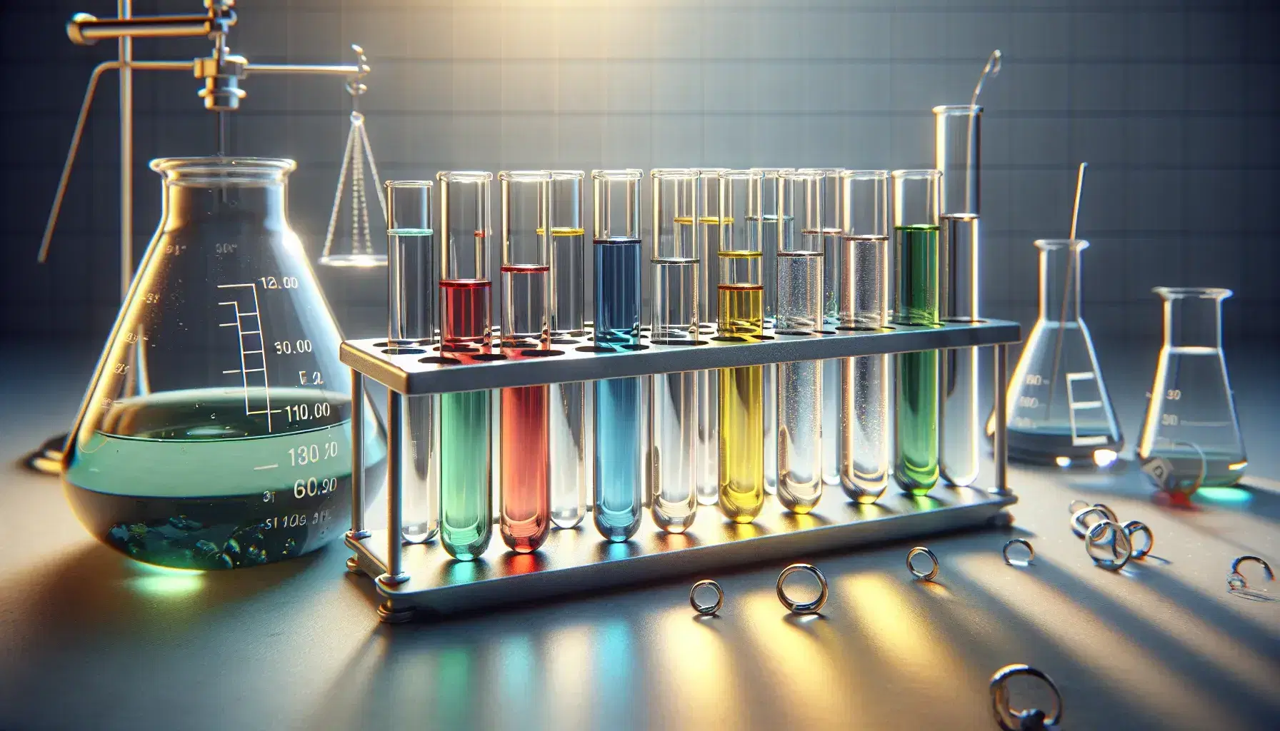 Tubos de ensayo con líquidos de colores rojo, azul, verde, amarillo y transparente en soporte metálico con balanza analítica y matraz Erlenmeyer en laboratorio.