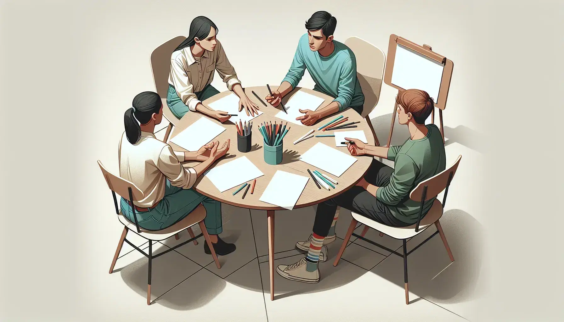 Tres personas en animada discusión sentadas alrededor de una mesa redonda con papeles y lápices de colores, en una sala iluminada con luz natural.
