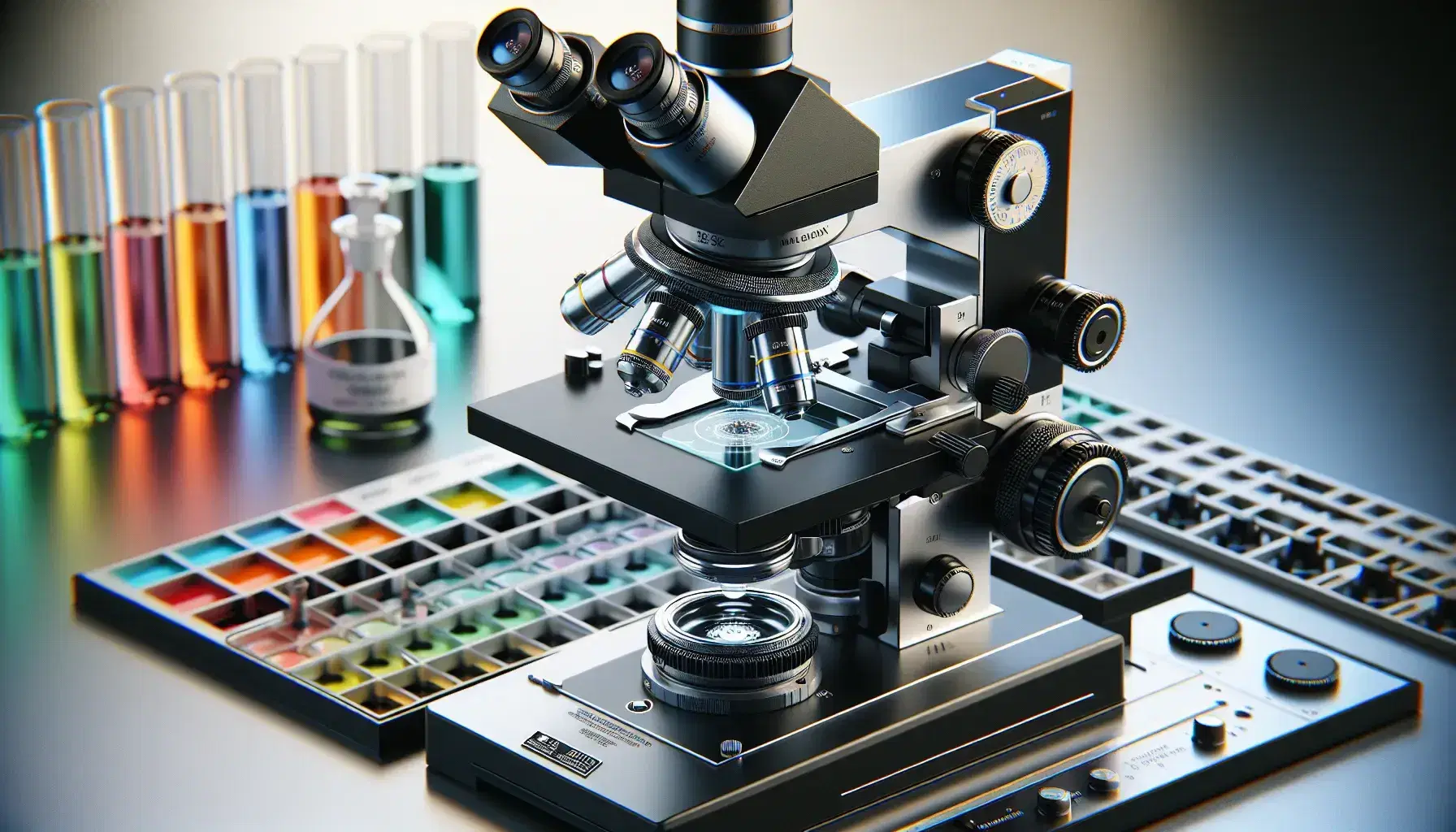 Microscopio óptico de laboratorio con base negra y diales plateados, lente enfocado en portaobjetos con muestra y paleta de colorantes al lado.