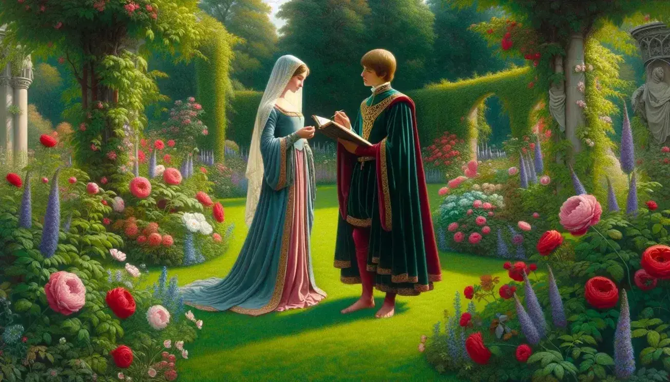 Giardino medievale con coppia in abiti d'epoca, lei con libro e lui con penna, tra fiori variopinti e alberi da frutto.