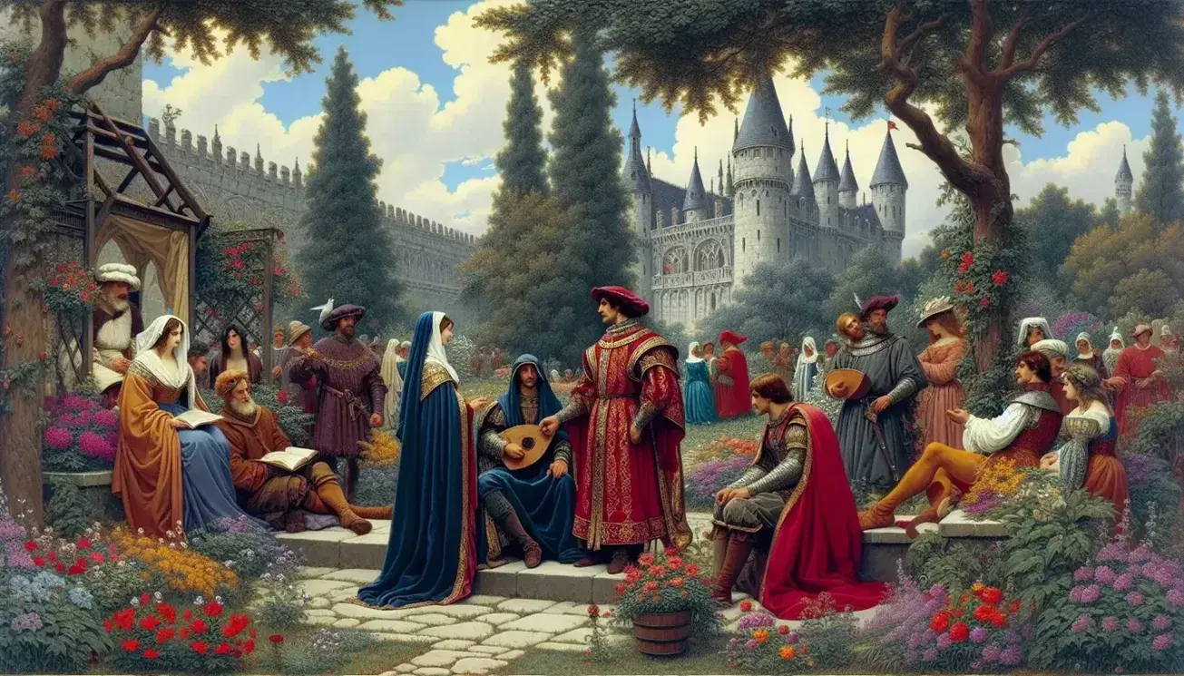 Rievocazione medievale in giardino con uomini e donne in costumi d'epoca, conversazioni e musica, castello sullo sfondo, pavone in primo piano.