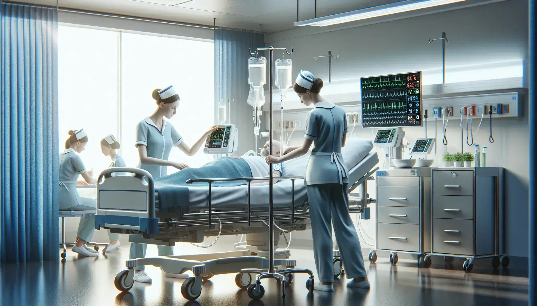 Tres enfermeras colaboran en la atención a un paciente en cama de hospital, ajustando un suero y monitoreando signos vitales, en un entorno iluminado y profesional.