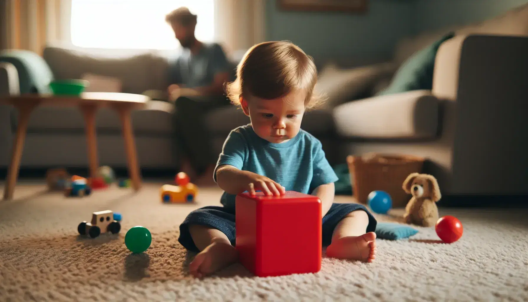 Toddler holding red block, surrounded by toys on beige carpet, with adult on couch in background, in a warmly lit room.