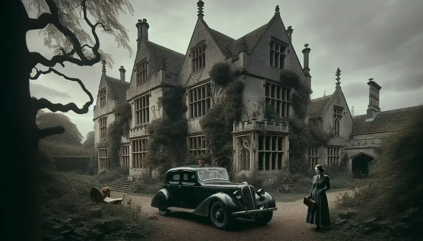 Early 20th-century English country house overgrown with ivy, Gothic architecture, parked 1940s black car, and woman in post-war attire gazing up.