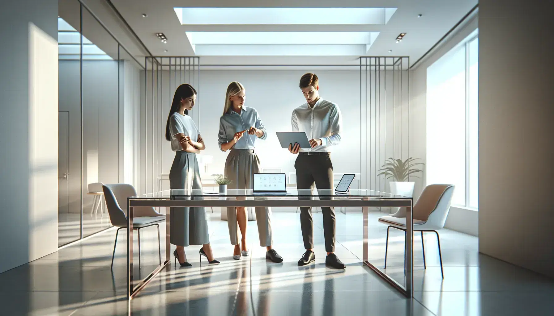 Tres profesionales colaborando en una oficina moderna alrededor de una mesa de vidrio con dispositivos electrónicos.