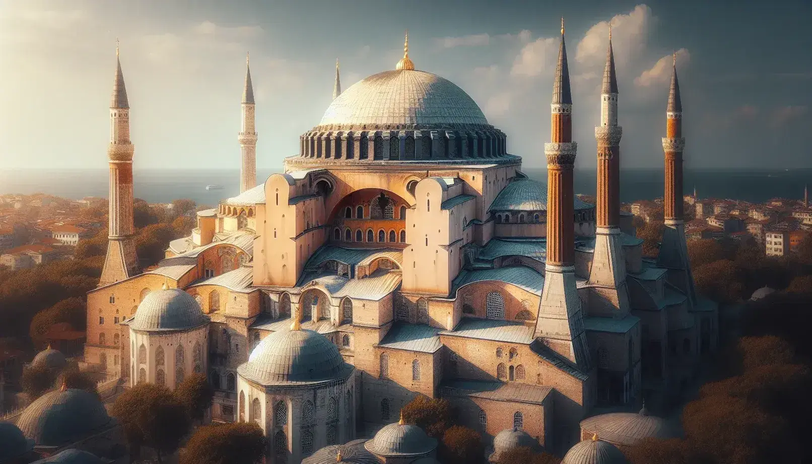 Cupola centrale e minareti slanciati della Hagia Sophia a Istanbul sotto un cielo azzurro, esempio di architettura bizantina.