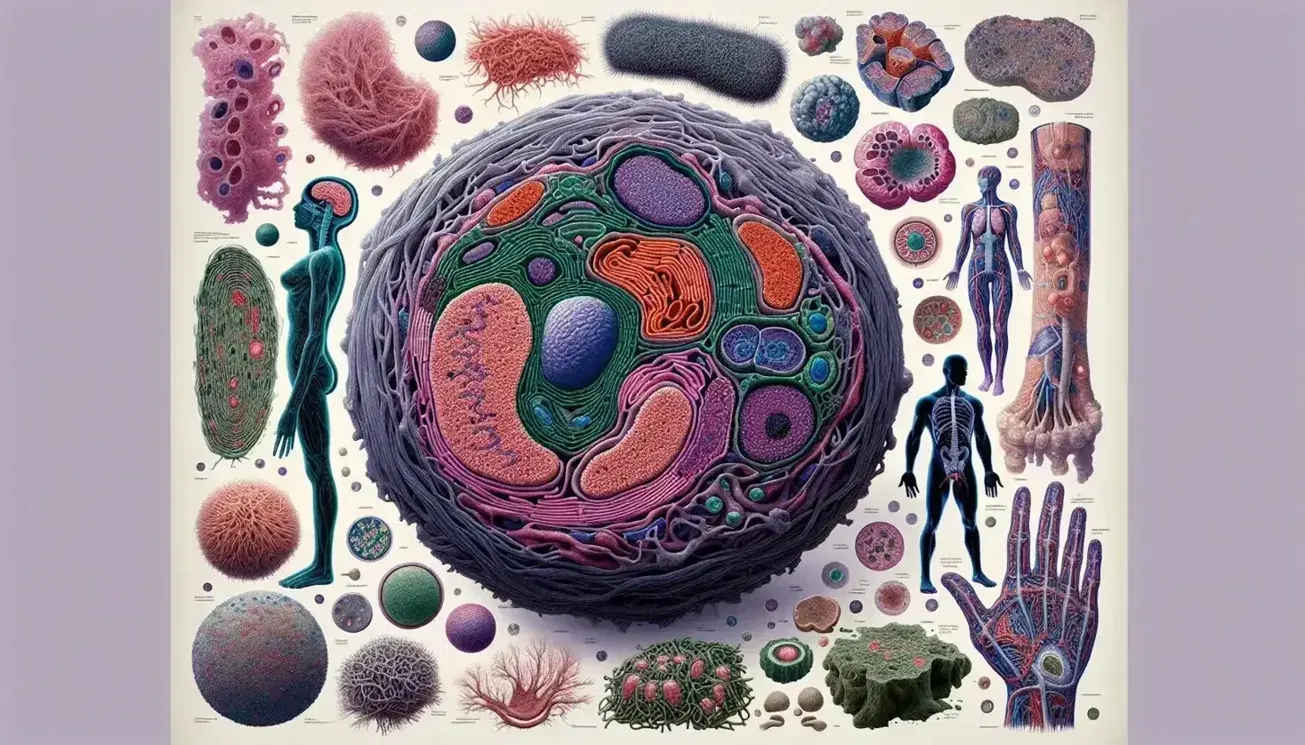 Composición visual de elementos biológicos con célula eucariota central, tejidos, órgano, silueta humana y mano, en tonos de azul, rojo y piel.