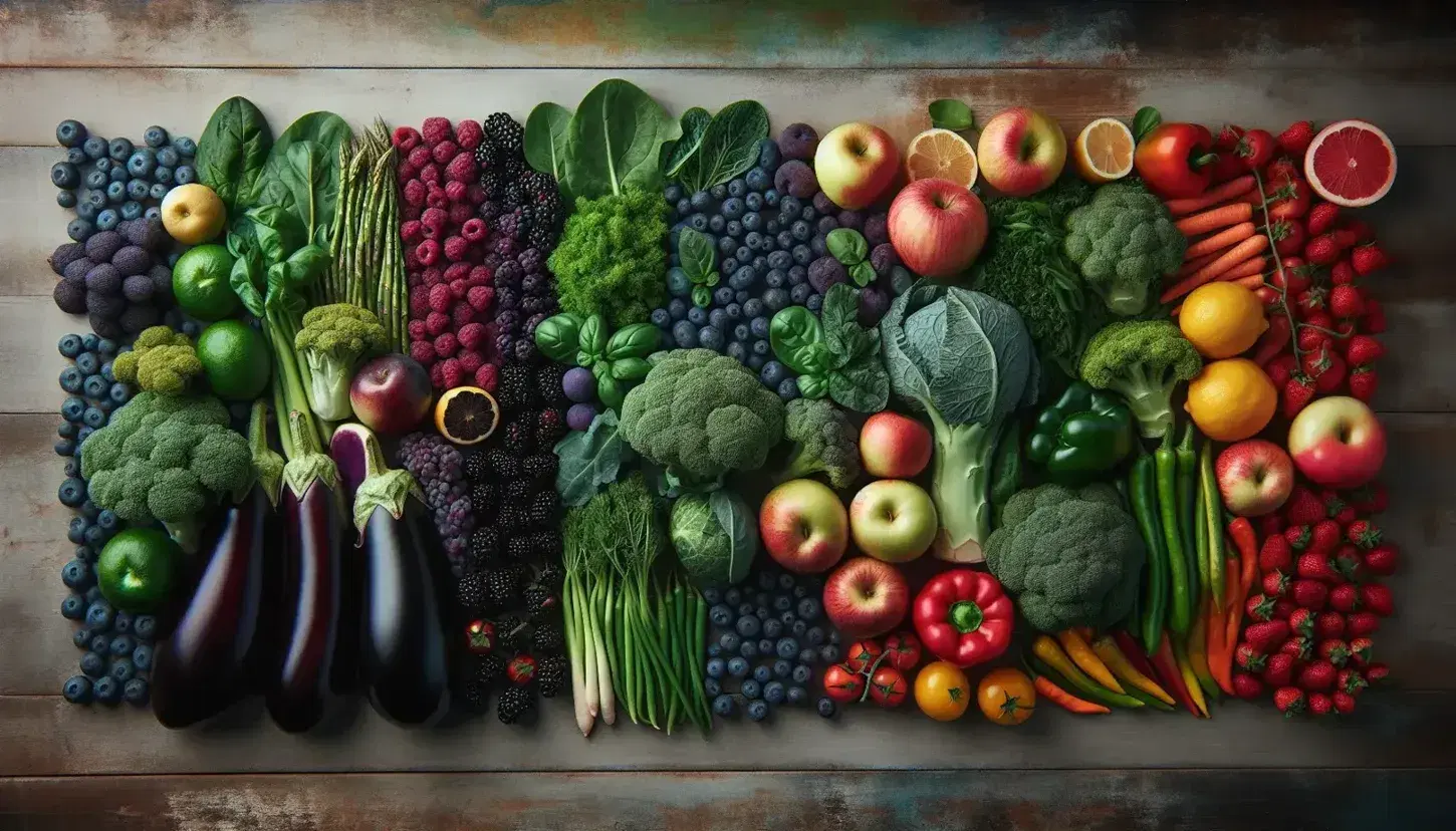 Fresh fruits and vegetables arranged in a color gradient on a wooden surface, from deep purples to vibrant reds and oranges, showcasing natural textures.