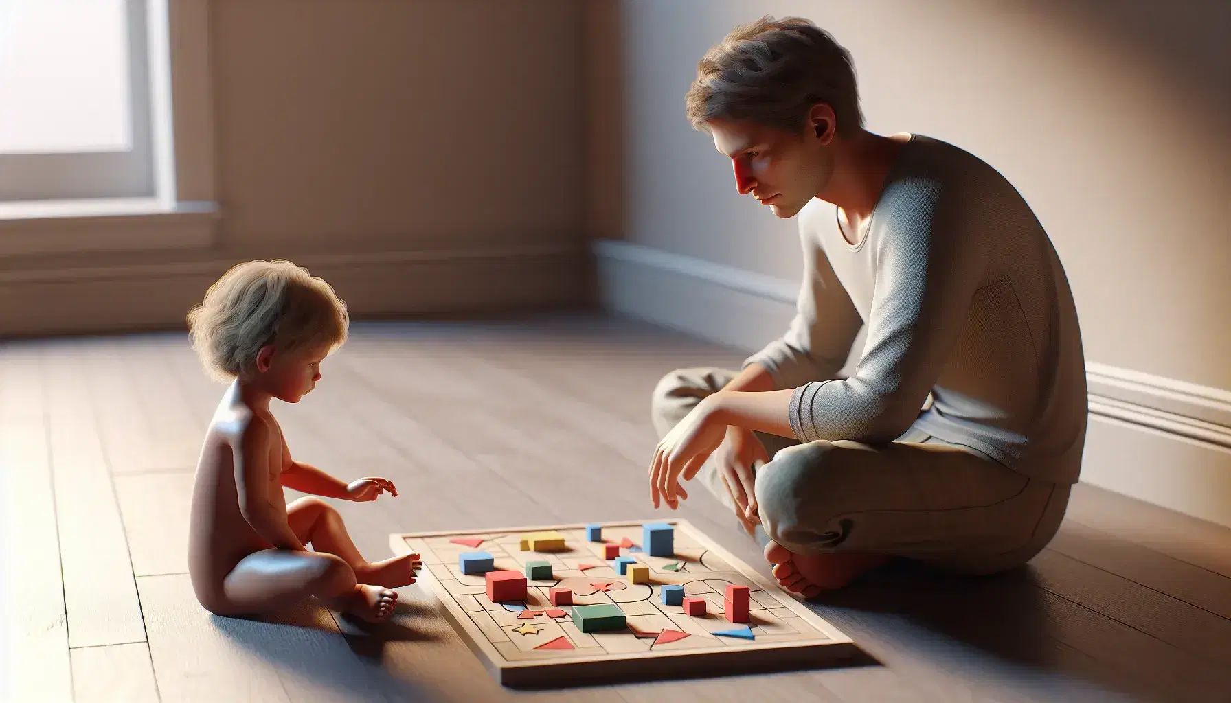 Adult and child sitting on the floor facing each other playing a puzzle game with colorful pieces in the shape of a circle, square, triangle and star on a wooden board.