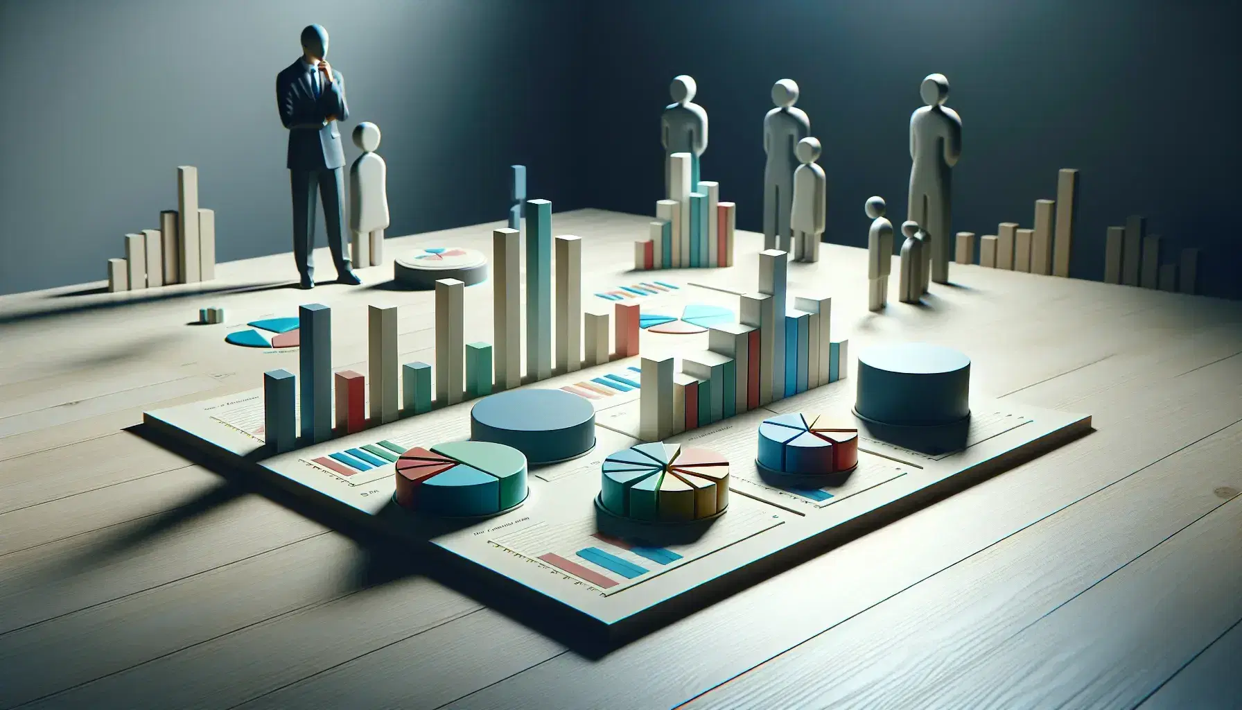 Gráficos de barras y pastel en 3D sobre mesa de madera con figura pensativa de traje oscuro analizando datos, iluminación suave y colores equilibrados.