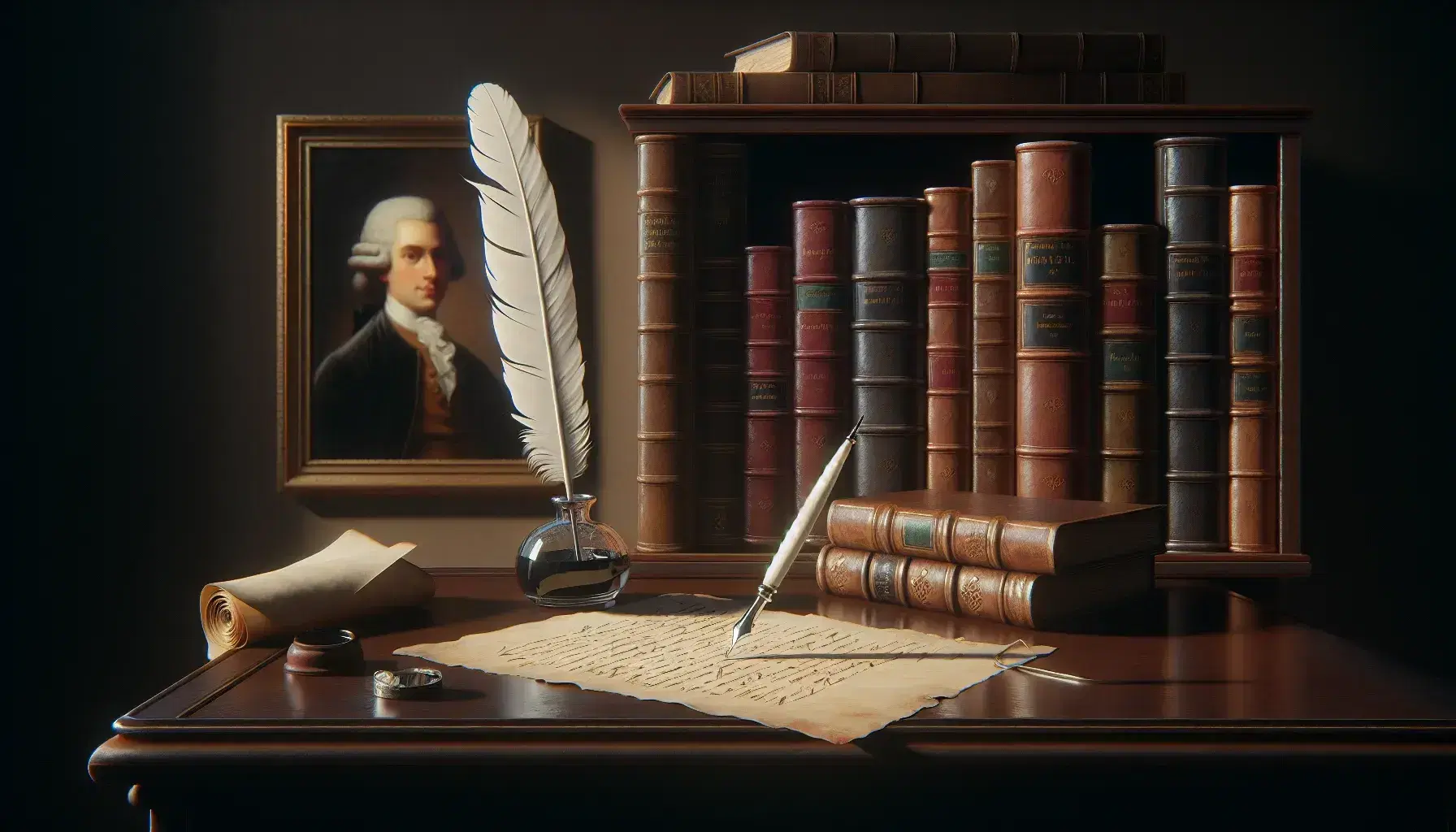 Scrivania in legno scuro con penna d'oca bianca in calamaio argenteo, foglio ingiallito e libreria con libri rilegati, ritratto olio uomo settecentesco.