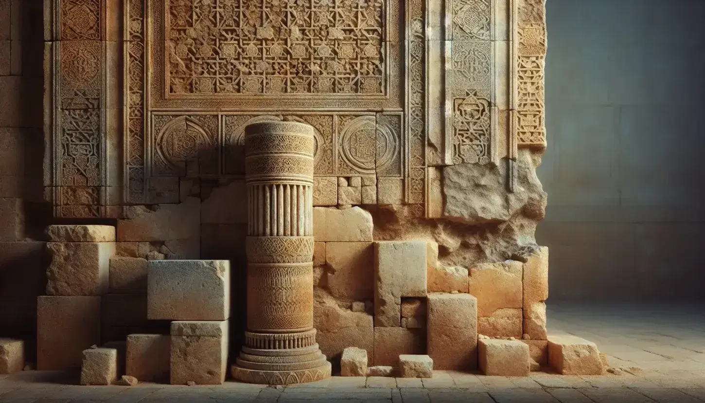 Ancient Islamic ruins with a carved sandstone wall and a single column against a clear blue sky, reflecting historical art and architecture.