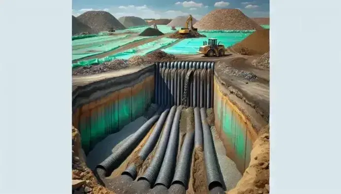 Landfill with visible leachate collection system, perforated gray pipes surrounded by gravel, central accumulation with green geomembrane, yellow bulldozer and blue sky.