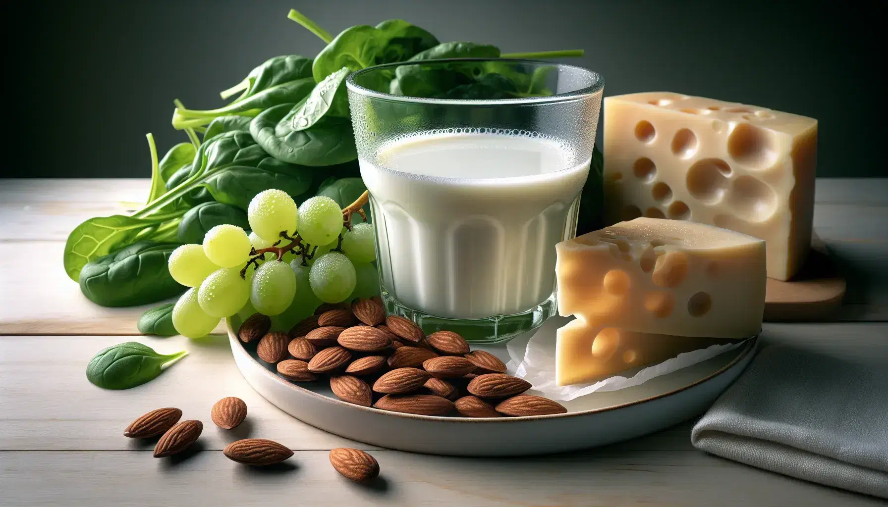 Vaso de leche con reflejo de luz, uvas verdes frescas, almendras marrones en plato, queso amarillo con agujeros y hojas de espinaca verde en fondo de madera.