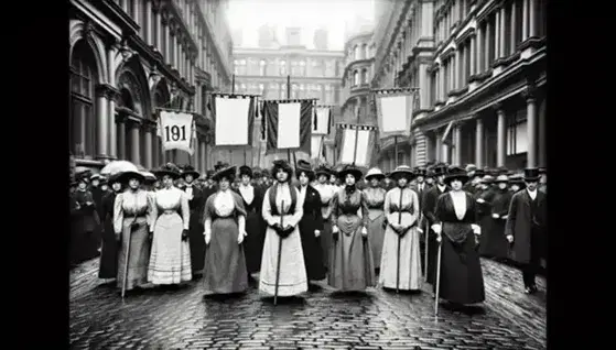 Women marching for women's suffrage in period clothing, with wide-brimmed hats and banners, in a historic black and white photo.