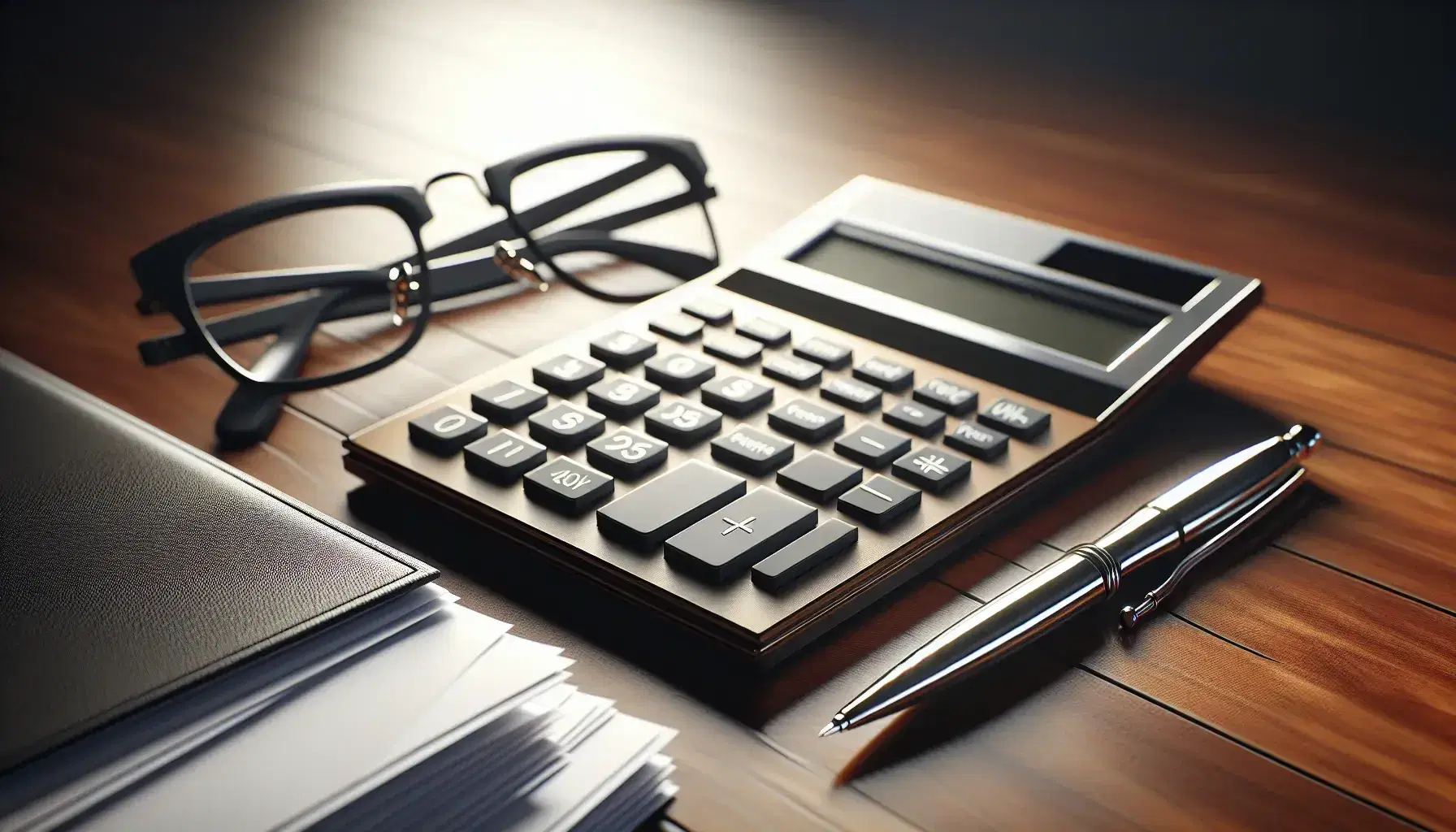 Close-up view of a calculator on a wooden desk with eyeglasses, a metallic pen, and a stack of white papers, highlighting financial work ambiance.