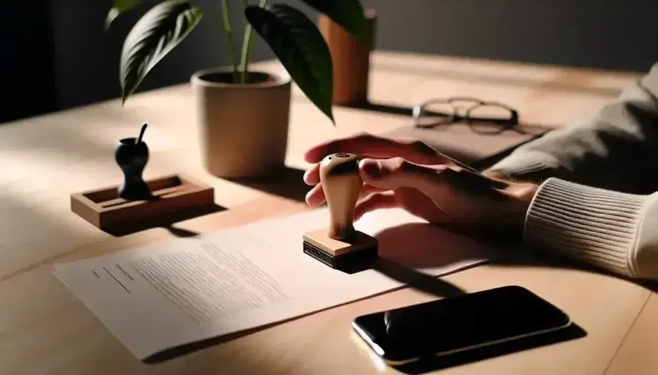 Manos sosteniendo un sello de goma y un documento en blanco sobre un escritorio de madera, con una planta y accesorios de oficina al fondo.
