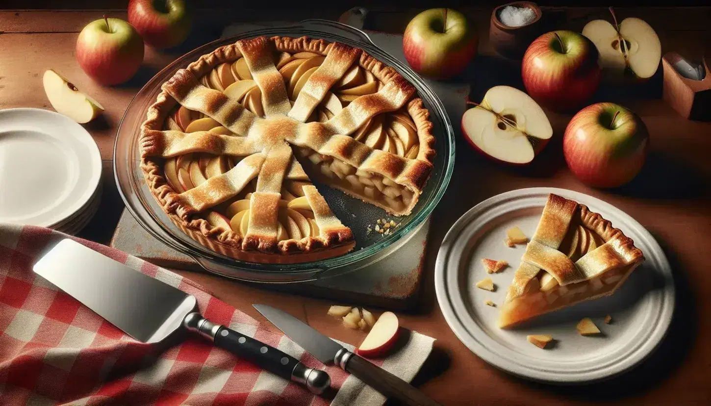 Freshly baked apple pie in a glass dish with one slice served on a white plate, beside a pie server and scattered apples with cinnamon sticks on a wooden table.