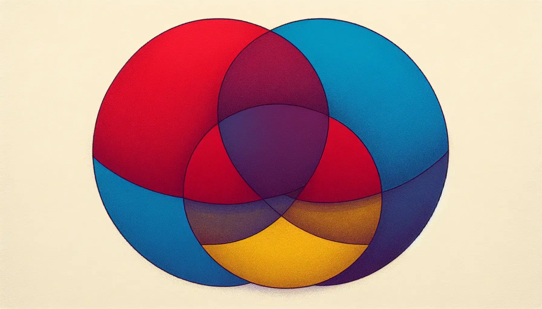 Venn diagram with primary color circles—red, blue, yellow—overlapping to form secondary colors: purple, green, orange, and a central brown area.