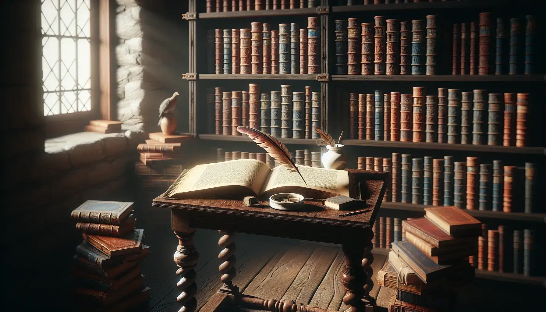 Biblioteca antigua con estantes de madera oscuros llenos de libros, mesa con libro abierto, pluma y tintero de porcelana bajo luz cálida.