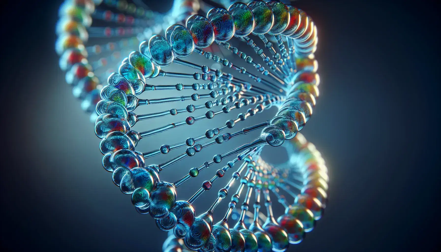Estructura detallada de una doble hélice de ADN en 3D con cadenas azules y peldaños de bases nitrogenadas en colores variados sobre fondo desenfocado gris azulado.