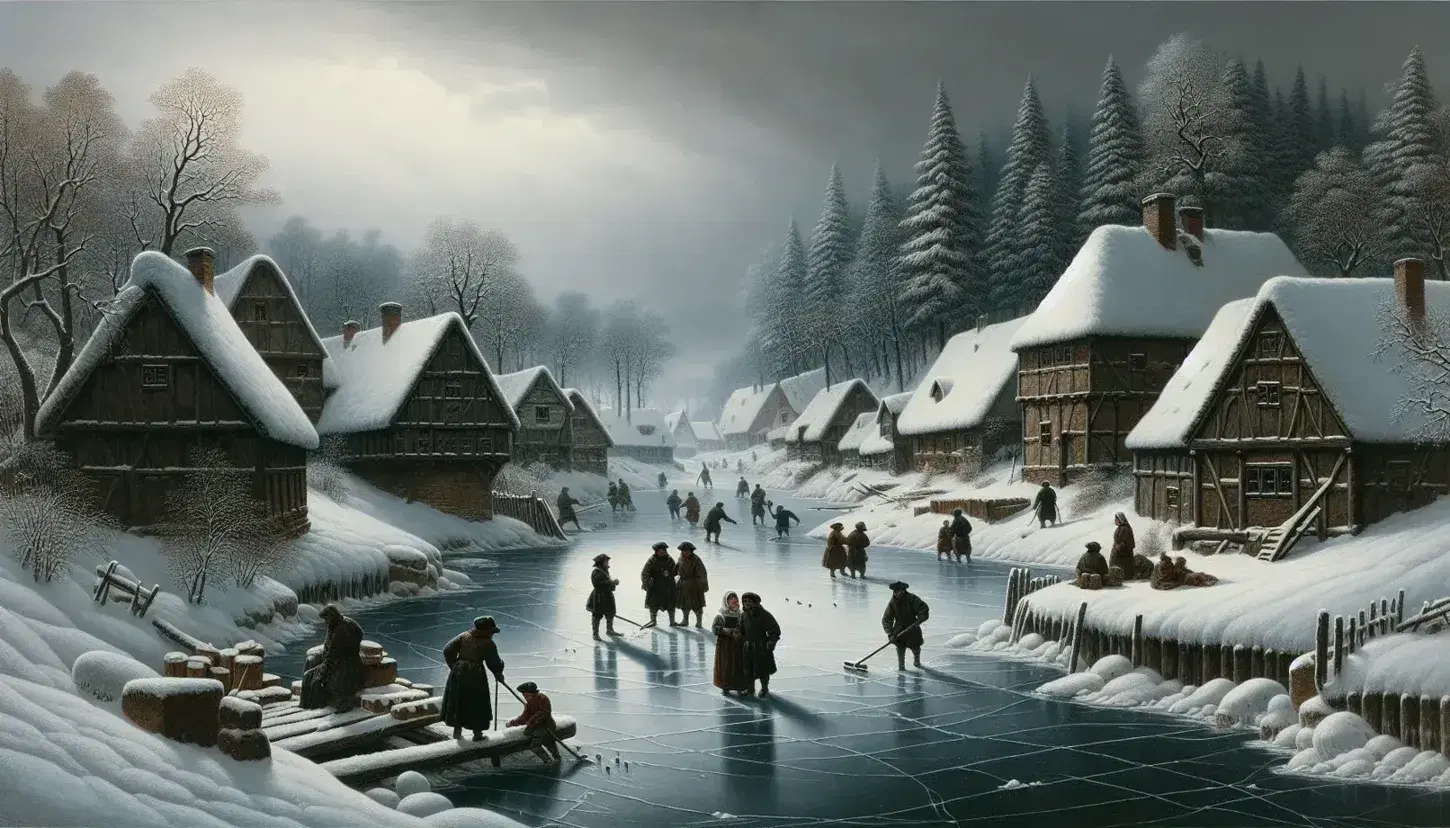 17th-century European village in winter with snow-covered trees, frozen river, villagers in period attire, and timber-framed houses.