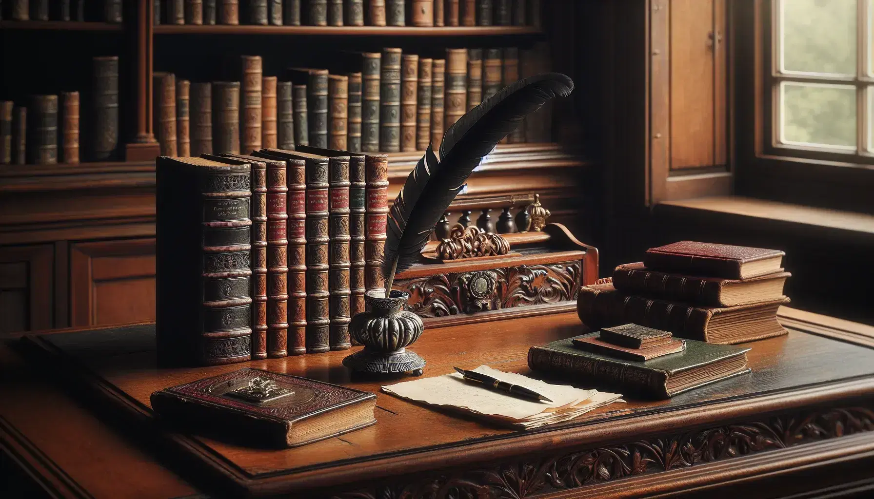 Vintage wooden writing desk with carved edges, a silver inkwell with quill, disordered papers, and worn leather-bound books in a softly lit room.