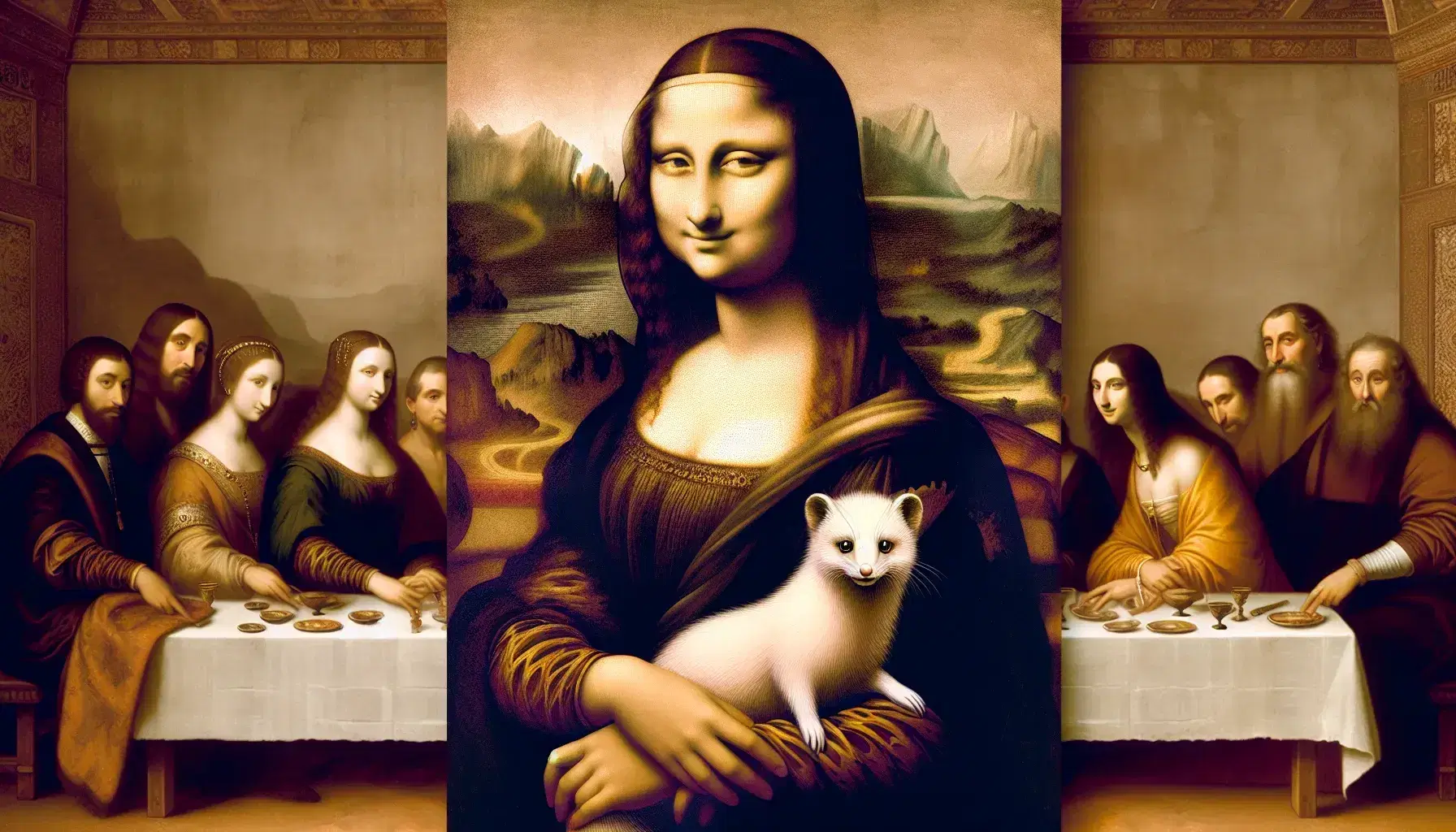 Ritratto della Gioconda con sfondo paesaggistico, Dama con l'ermellino in abito scuro e dettaglio dell'Ultima Cena di Leonardo da Vinci, incorniciati da bordura dorata.