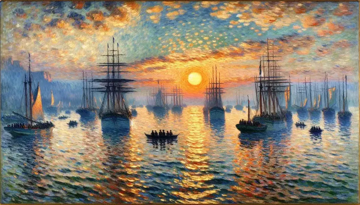 Riproduzione del quadro 'Impression, alba' di Monet, con cielo arancione-azzurro, sole riflesso sul mare e sagome scure di barche.