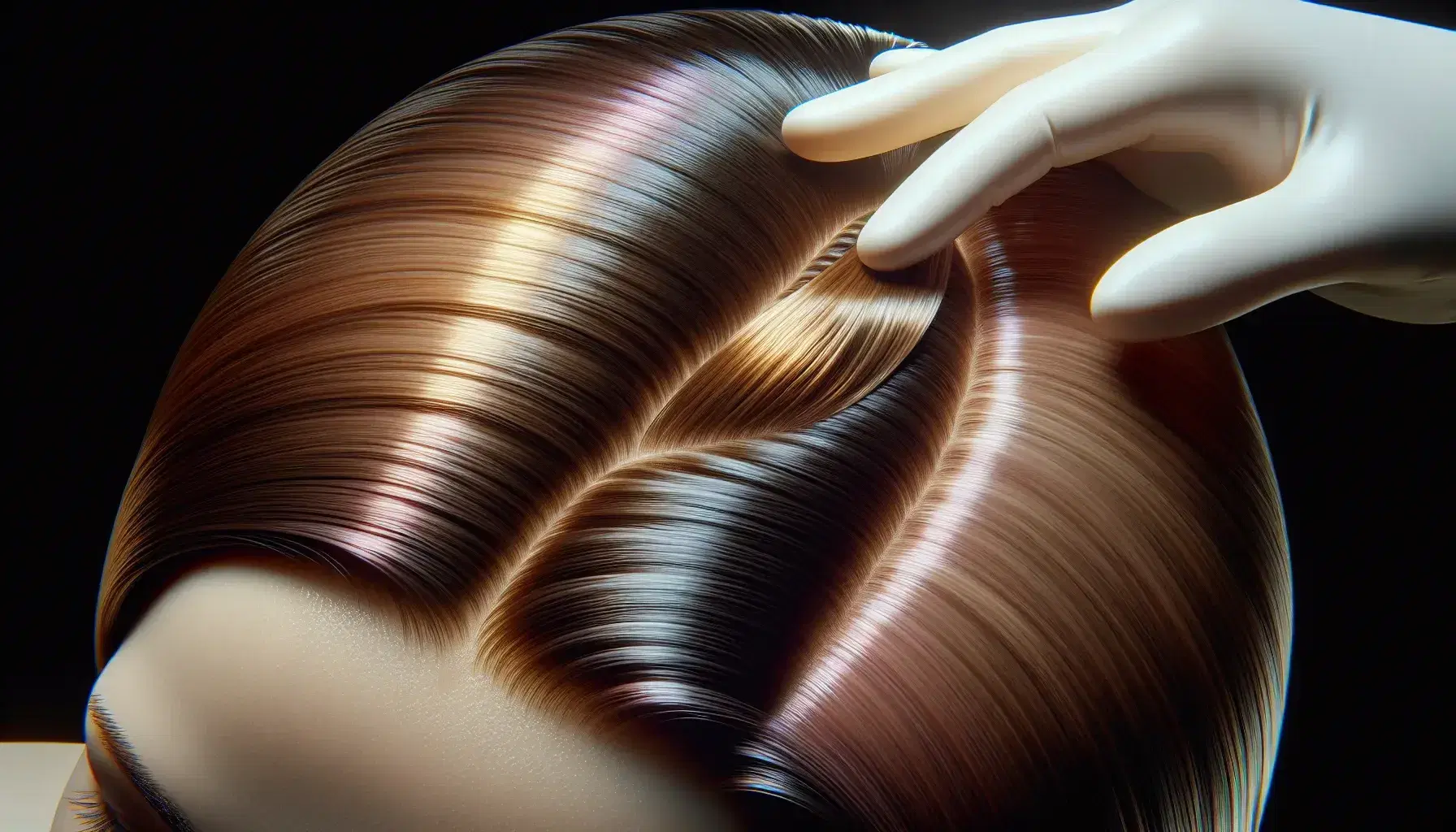 Capelli lucenti in sfumature castano chiaro e biondo scuro riflettono la luce, evidenziando una chioma sana; mano inguantata solleva una ciocca mostrando il cuoio capelluto pulito.